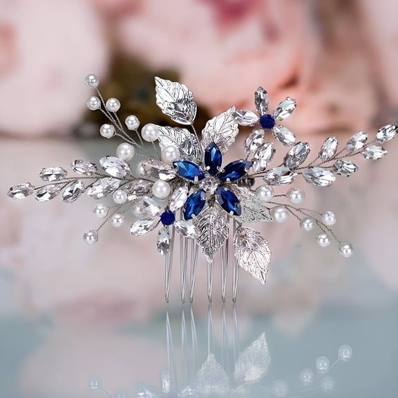 VANIDO Wedding Hair Comb Blue Rhinestone Bridal Hair Accessories for Bride and Bridesmaids Wedding Hair Piece Silver