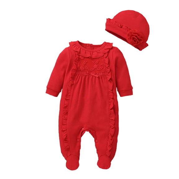 Springcmy 2Pcs Newborn Baby Girl Clothes 3D Flower Romper Jumpsuit Long Sleeve Ruffled Footie Bodysuit Hat Outfit Gifts Set Red 4-6 Months