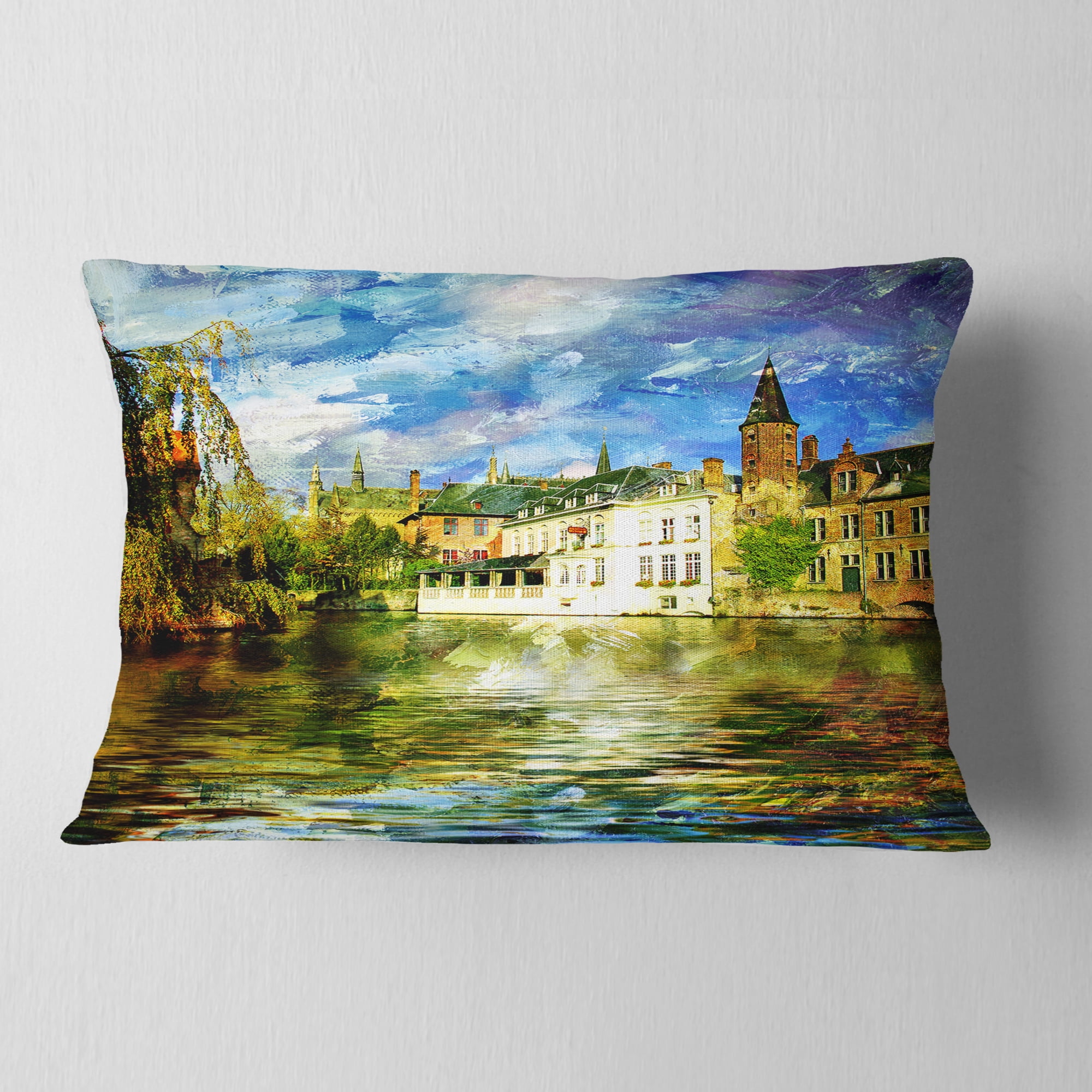 Designart Old Belgium Channel - Landscape Photography Throw Pillow - 12x20