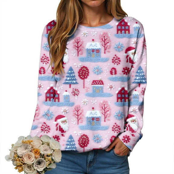 larppty Christmas Sweatshirt Women Funny Ugly Christmas Pullover Shirt Xmas Holiday Santa Prints Long Sleeve Tops （Light Pink, S）
