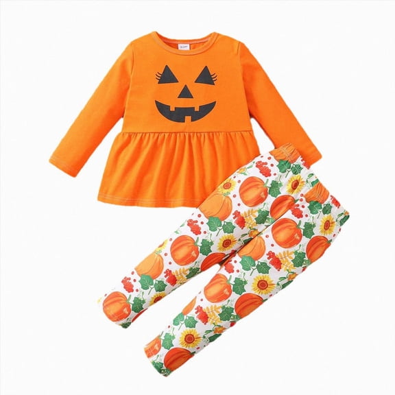 yboeqw Fall Winter Toddler Girl Clothes Halloween Pumpkin Print Outfits Long Sleeve Shirt Pants Little Girls Clothing Sets,Size 5-6 Years