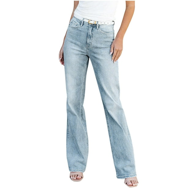 Womens High Waisted Jeans Straight Leg Slim Fitted Jean with Pockets Solid Color Denim Pants Trousers