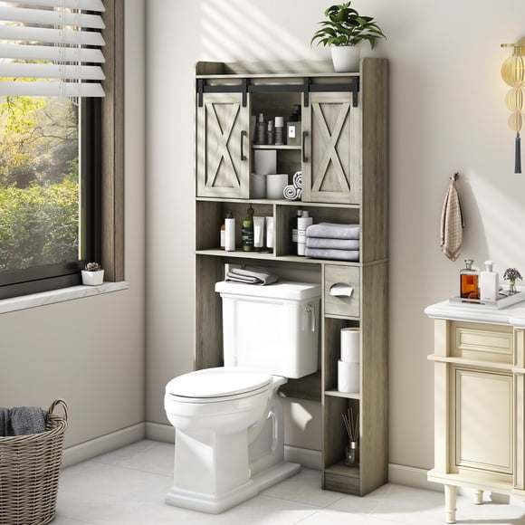 Over The Toilet Storage Cabinet , Farmhouse Storage Cabinet Over Toilet with Sliding Door& Toilet Paper Holder Stand,Home Space-Saving Toilet Rack, for Bathroom, Washroom, Laundry