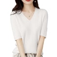 thumbnail image 2 of Pimfylm Short Sleeve Sweater for Women V Neck Lightweight Pullover Sweaters Loose Dressy Fashion Spring Sweaters White, S, 2 of 5
