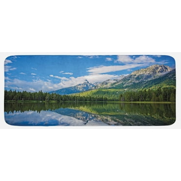 Landscape Kitchen Mat, Pure Mountain Lake Scenery with Trees and Cloudy Sky Nature Inspired Print, Plush Decorative Kitchen Mat with Non Slip Backing, 47" X 19", Blue White Green, by Ambesonne