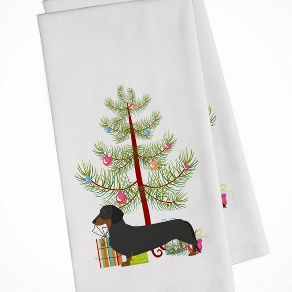 Dachshund Merry Christmas Tree White Kitchen Towel Set of 2 Dish Towels