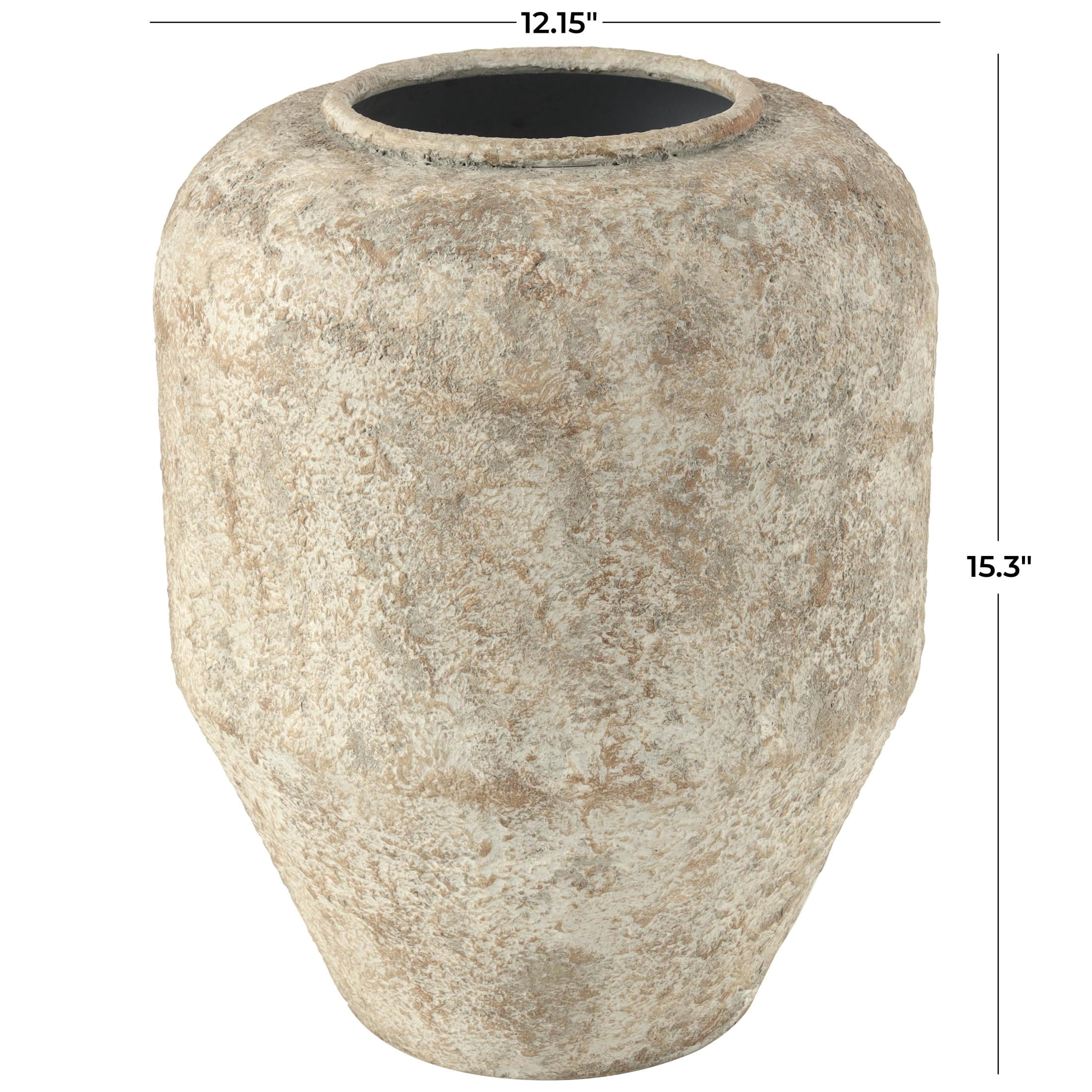 DecMode 15" Handmade Antique Style Distressed Beige Metal Vase