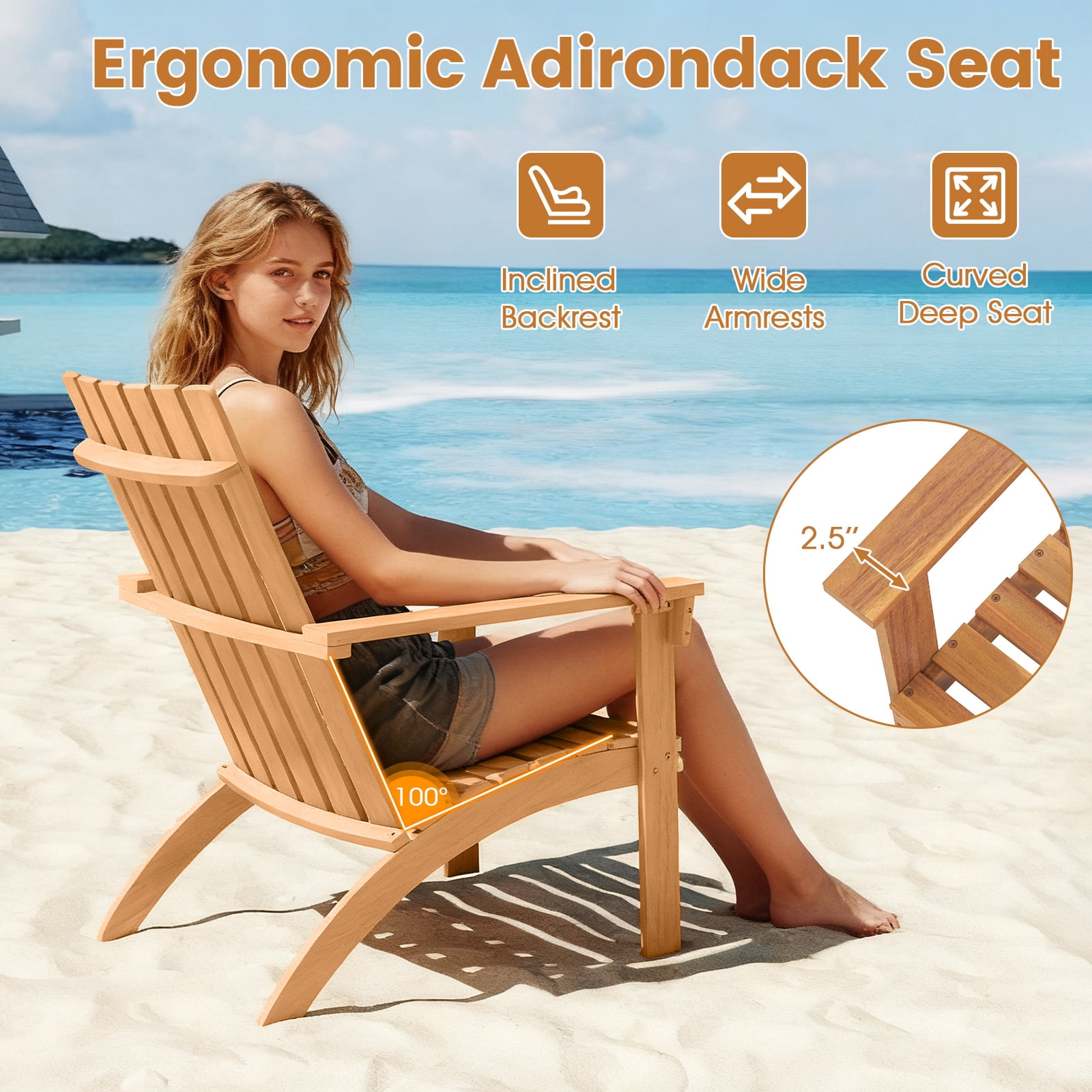 Costway Patio Acacia Wood Adirondack Chair Lounge Armchair sturdy Outdoor Garden Yard