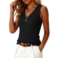 thumbnail image 5 of Stichou Womens 2026 Summer V Neck Tank Tops Henley Button Spring Summer Sleeveless Lace Trim Ribbed Knit Casual Going Out Cami Shirts Black XL, 5 of 5