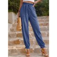 thumbnail image 4 of Pantalones largos de cintura alta para mujer, color puro, elásticos, 2 bolsillos, sencillos, cómodos, de color liso, con lazo en el tobillo, color azul L, 4 of 8