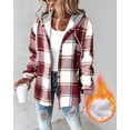 thumbnail image 3 of ChicMe Jackets for Women Plaid Print Hooded Long Sleeve Shacket Fleece Lined Lightweight Casual Jacket Red-S, 3 of 9
