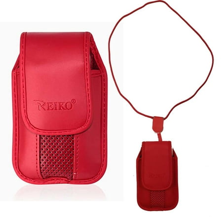 Red around the Neck Hanging Lanyard Magnetic Top Case fits Alcatel One Touch 665 flip phone.