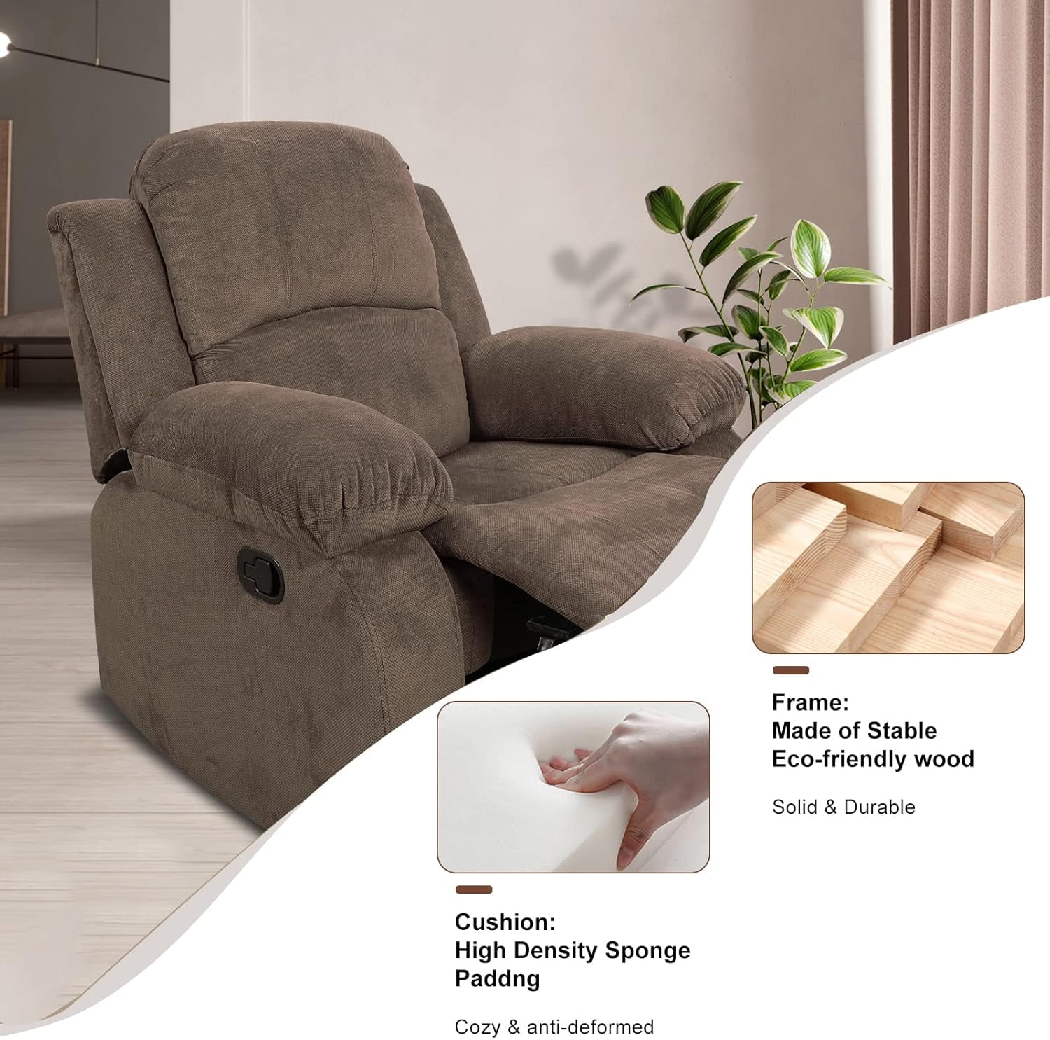 TrumanPick Manual Velvet Recliner Chair,Overstuffed reclining Armchair Home Theater Recliner Sofa for Living Room, Brown