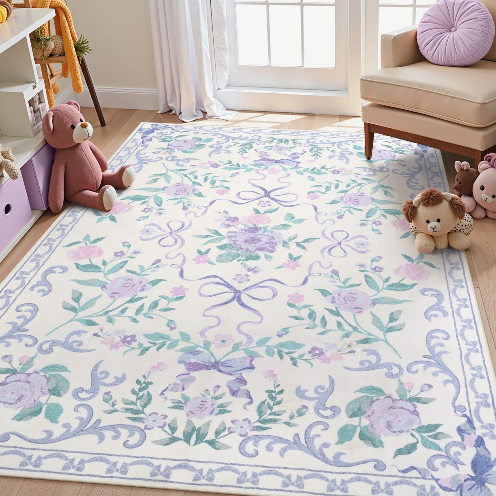 Wonnitar Floral 5'x 7' Area Rug for Nursery, Cute Bow Accent Rugs for Kids Room, Washable Non Slip Soft Low Pile for Bedroom, Playroom, Living Room, Vanity, Purple