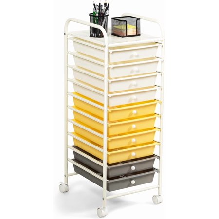 SKTPI 10-Drawer Rolling Storage Cart Utility Mobile Trolley with Removable Drawers & Universal Casters & 2 Brakes Versatile Flexible Drawer Organizer Cart for Home Office (Yellow)