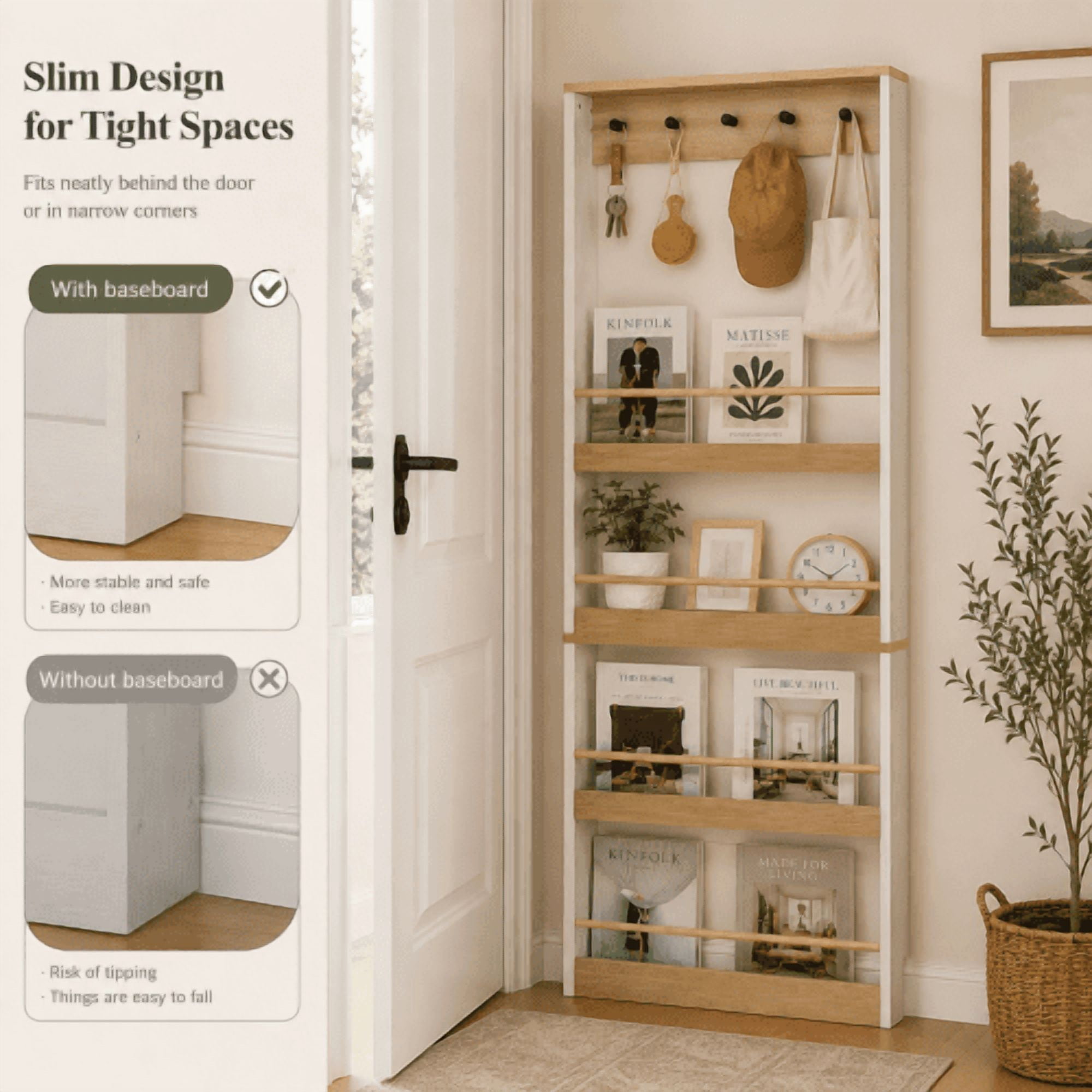 70.87" Tall Bookcase behind the Door with 4 Shelves and 5 Hooks, Space-Saving Narrow Storage Cabinet for Living Room, Bedroom, Hallway, Antique White