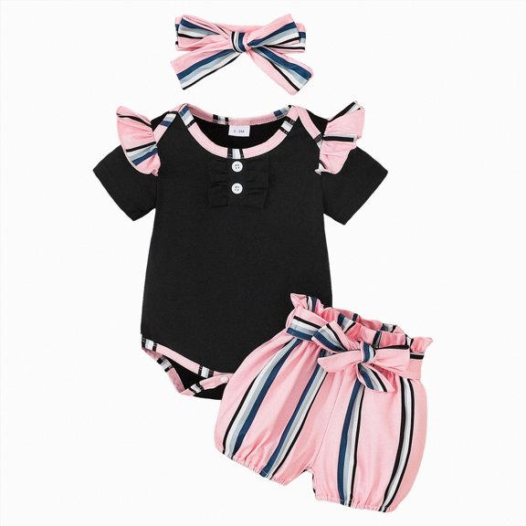 OYXSER Infant Baby Girl Clothes Romper Shorts Set Ruffle Sleeve Romper and Floral Shorts with Headband Newborn Infant Summer Cute Outfit, Black 0-3M