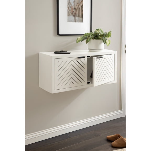 Kate and Laurel Mezzeta Decorative Two-Door Wall Cabinet, 30 x 10 x 14, White, Decorative Modern Storage Cabinet for Use as Floating Nightstand or Floating TV Shelf
