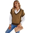 thumbnail image 4 of POGLIP Women's Brown V Neck Contrast Stripes Trims Short Sleeve Sweater, 4 of 6