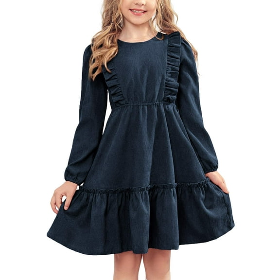 Arshiner Girl's Dress Vintage A-Line Long Sleeve Ruffle Swing Casual Velvet Dress with Pockets