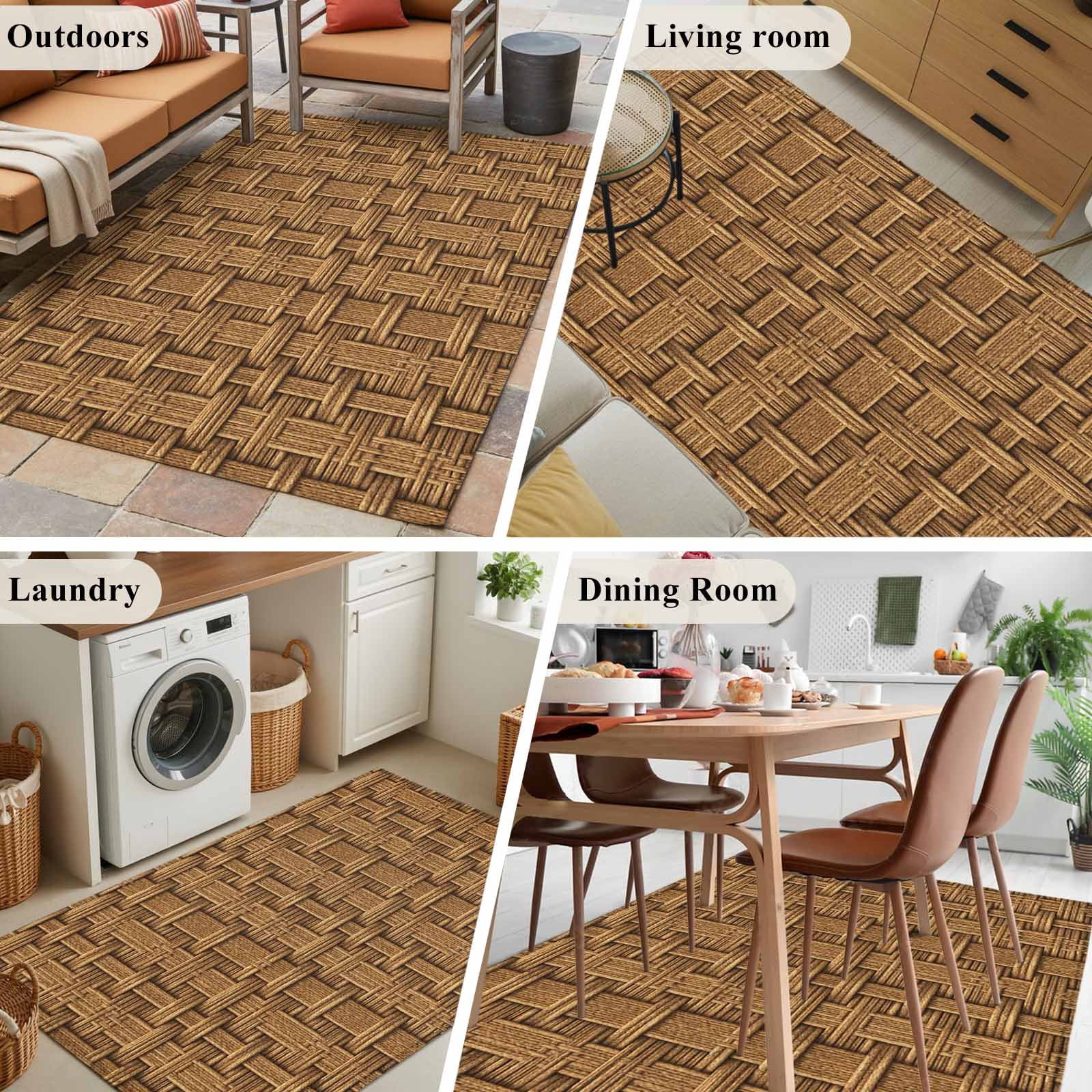 Area Rugs 2.7'x5', Vintage Rattan Carpet for Living Room Bedroom Dining Room, Minimalist Abstract Wicker Texture Brown Throw Kitchen Rugs Non Slip Washable Rectangle Indoor Outdoor Rugs