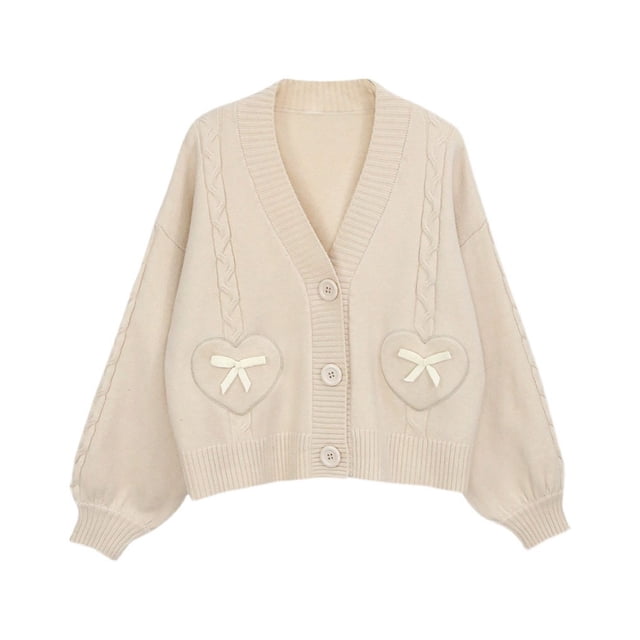 Minnieouse Cárdigan de polipropileno para mujer, suéter tejido de tamaño libre de estilo japonés con patrón de corazón y cuello en V para Abrigos y chamarras Minnieouse AP015786-01