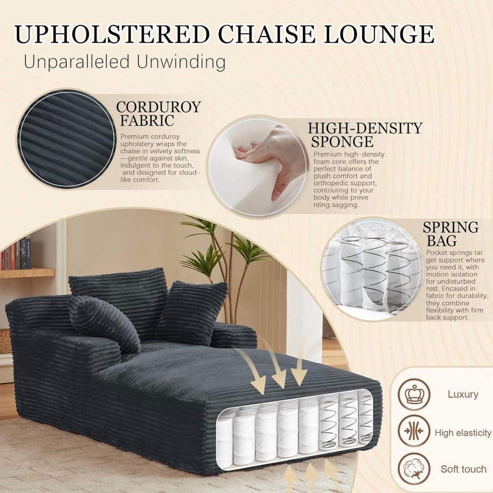 Oversized Chaise Lounge Chair Indoor, 78.7" Extra Deep Boneless Corduroy Lounge Couch Bed with 3 Pillows, Single Seat Reading Chairs for Living Room,Bedroom,Apartment