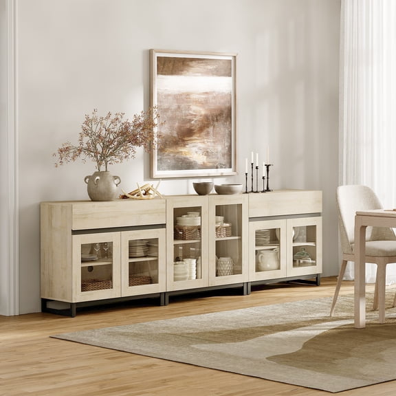 WAMPAT 3-in-1 Modern Sideboard Storage Cabinet with Glass Doors, Adjustable Shelves and 2 Drawers, Coffee Bar Cabinet for Living Room and Kitchen, Beige
