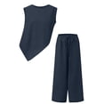 thumbnail image 6 of Cotton Linen Outfits for Women Summer Trendy Vacation Clothes 2 Piece Sleeveless Tank Top Wide Leg Pants Set (XL, Navy), 6 of 6