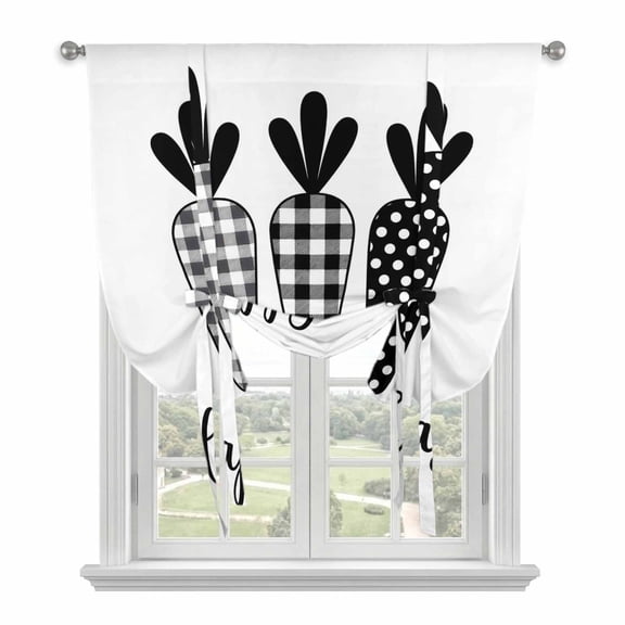 Happy Easter Tie Up Curtains for Windows, Balloon Window Shades, Spring Carrots Country Black and White Plaid Kitchen Window Treatments Roll Up Curtain for Basement/Nursery 52"x45"