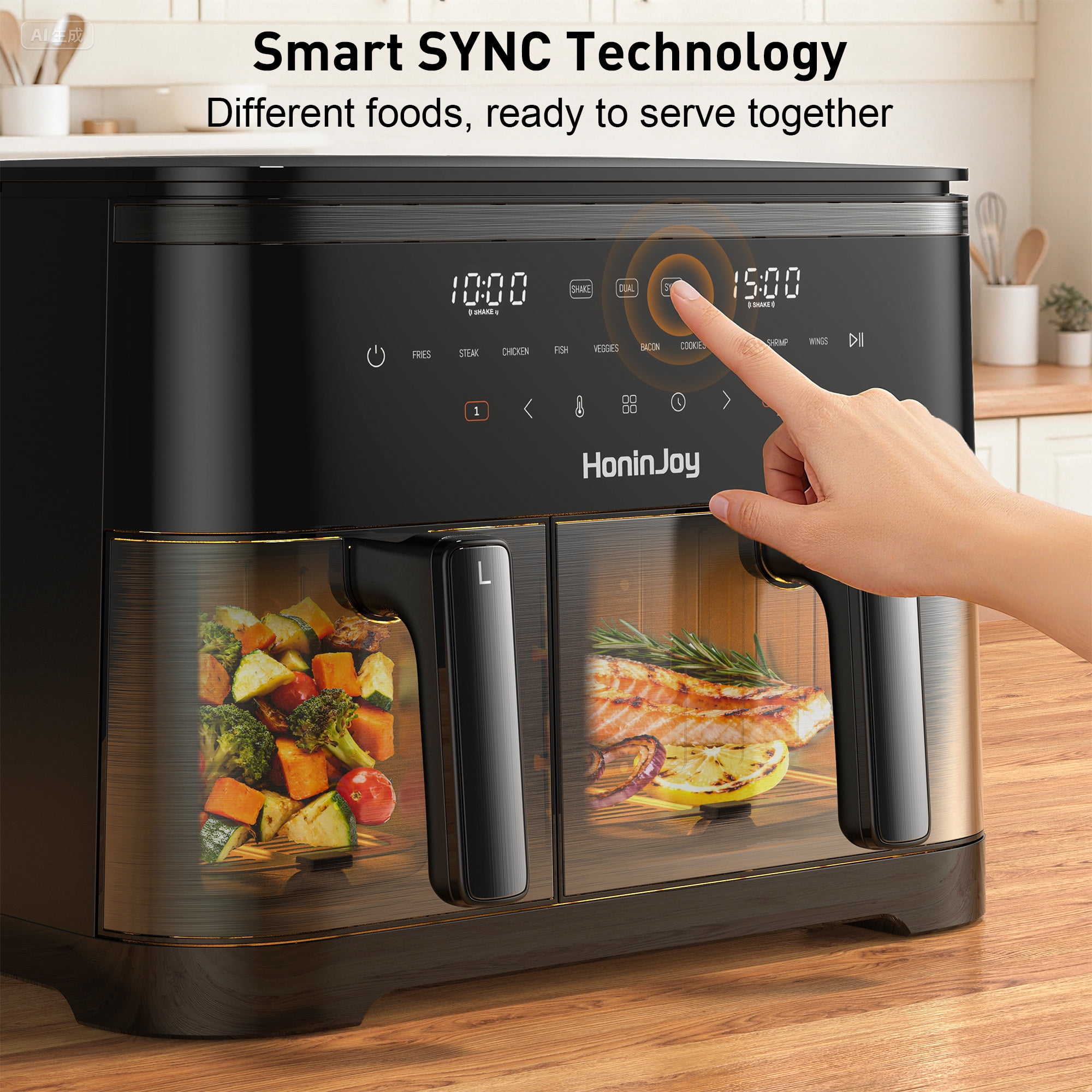 HoninJoy Large Double Air Fryer, 10-in-1 Independent  4+8 QT Baskets Air Fryer with LED Touch Screen (Air Fryer Liner Inclued)