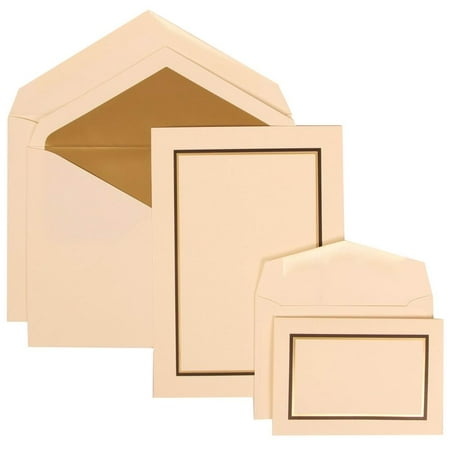 JAM Paper Wedding Invitation Combo Set, 1 Large & 1 Small, Black and Gold Border Set, Ivory Card with Gold Lined Envelope -100/pack