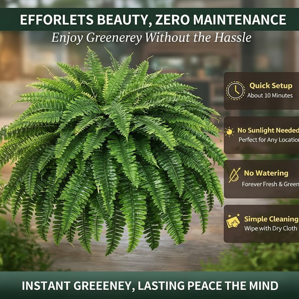 UV-Resistant Artificial Boston Fern for Outdoor Planters – Lifelike Silk Faux Plant for Patio, Porch & Garden, 38/60/88 Leaf