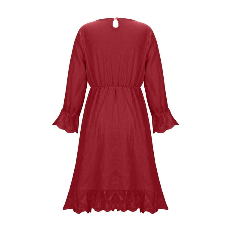 Cethrio Cotton Linen Dresses for Girl, Long Sleeve Summer Casual Mid-Length Birthday Dresses Red Size 14-16, Girl's, Size: 14-15T