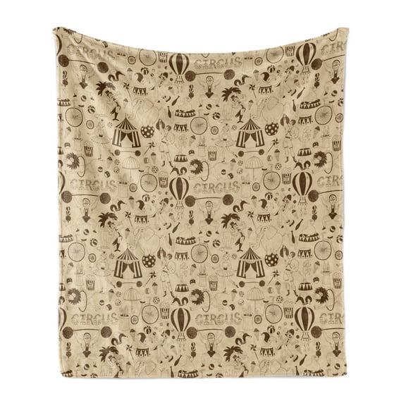 Circus Soft Flannel Fleece Throw Blanket, Continuous Sketchy Drawn Funny Elements Various Entertainment Tricks Animals, Cozy Plush for Indoor and Outdoor Use, 60" x 80", Beige Chocolate, by Ambesonne