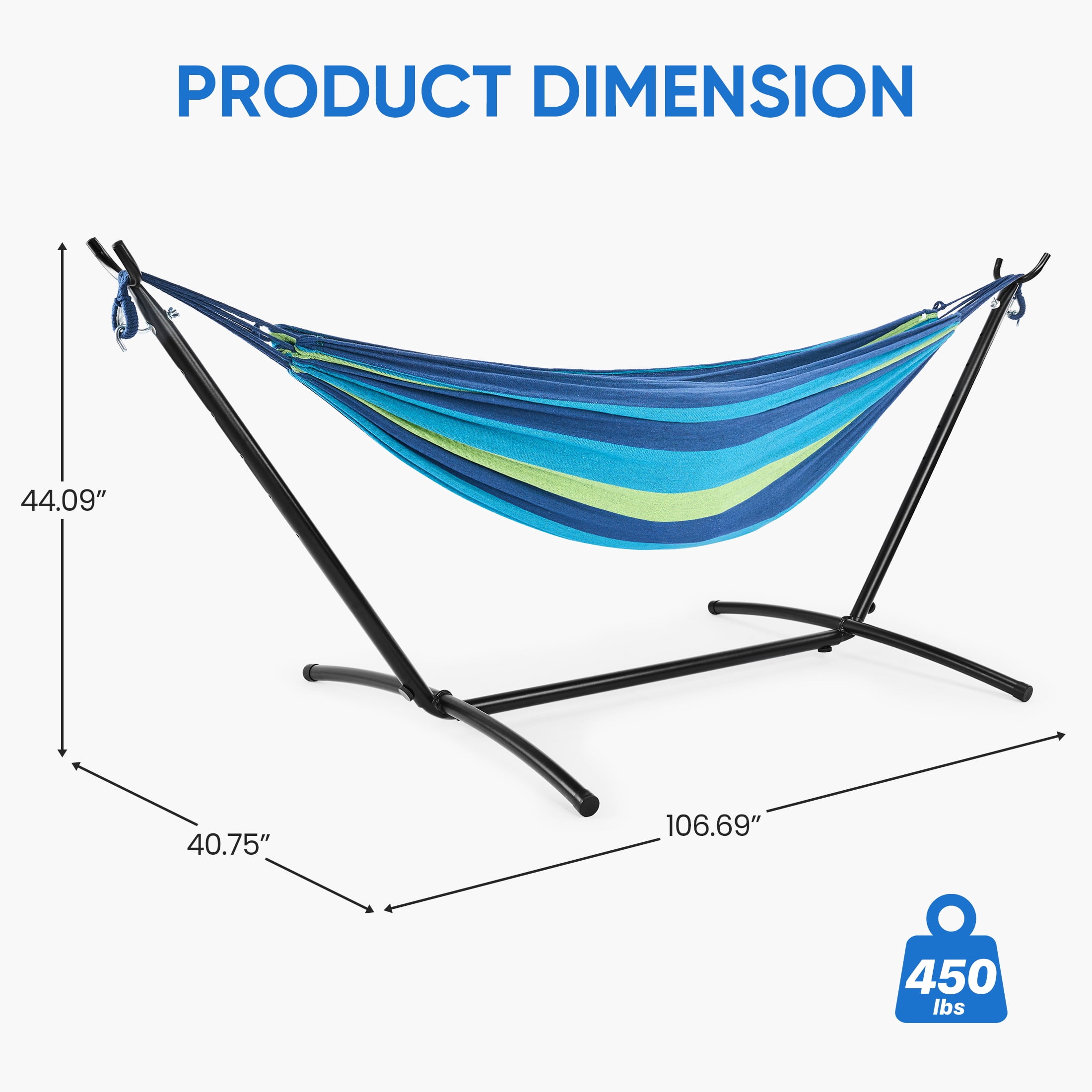 EDX Double Hammock with Space Saving Steel Stand, 2 Person Heavy Duty Outdoor 450lb Capacity Standing Hammocks, Upgraded Polyester End Strings, Portable Carrying Bag Included, Blue Green Stripes