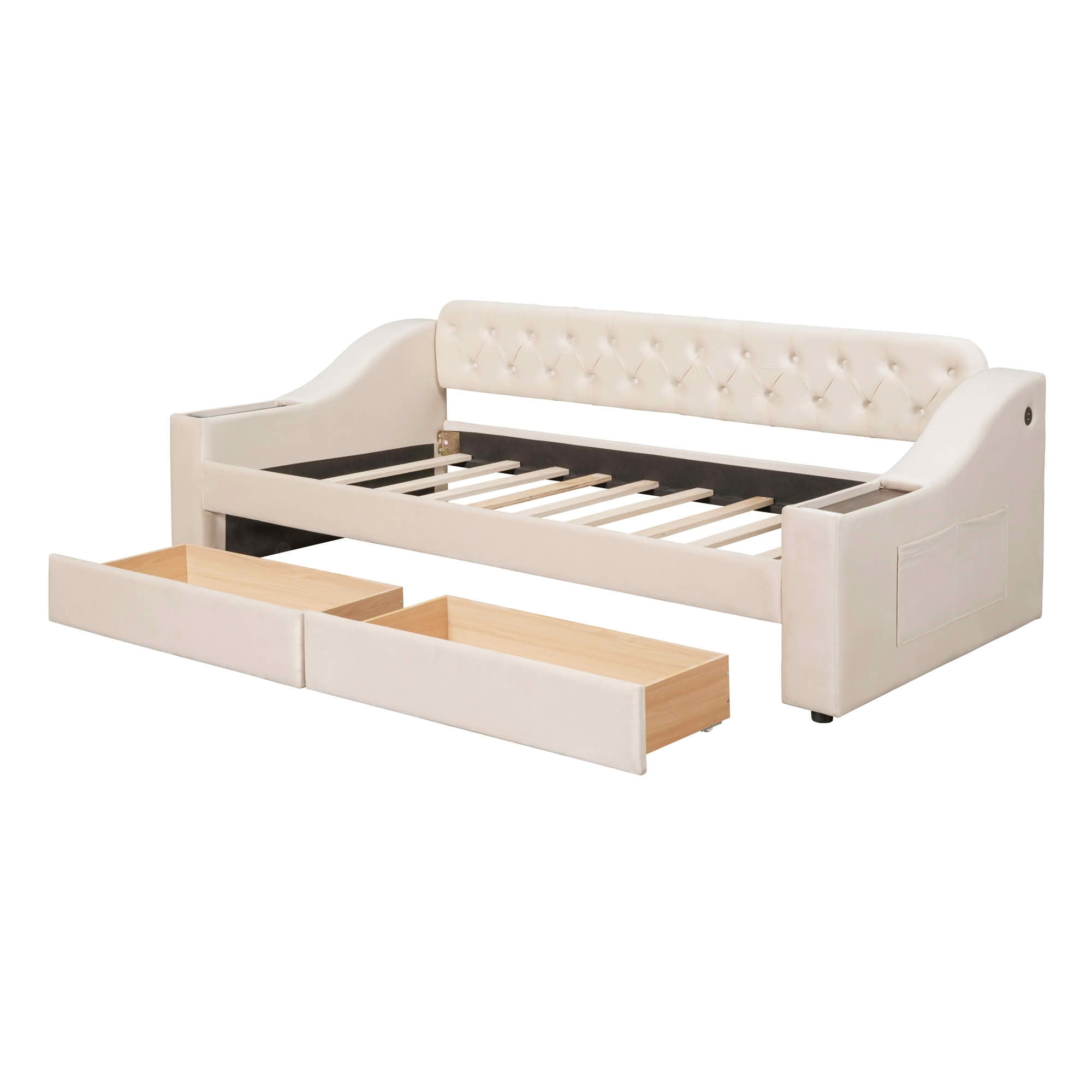 MAYEERTY Button-Tufted Velvet Daybed with 2 Storage Drawers, Dual USB Ports & 400lbs Sturdy Wooden Slat Frame, No Box Spring Needed & Easy Assembly