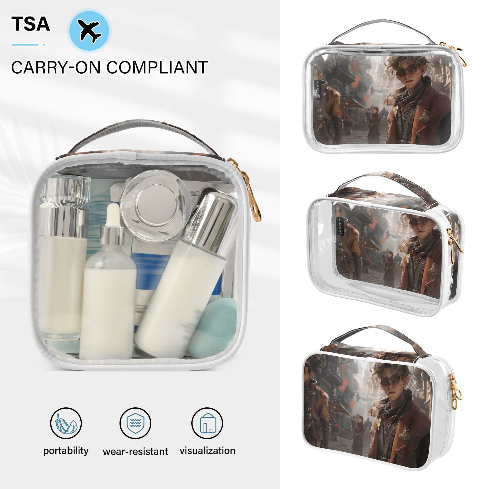 Clear Makeup Bags with Handle Large Opening 2 Pack Set Toiletry Bag Quart Size Bag, for Women Man Traveling Travel Essentials, Toiletries and Other. Game Graphic Capture