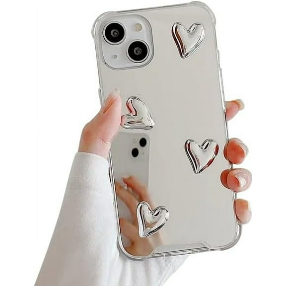 Case Luxury Plating Make Up Mirror for iPhone,Cute Heart Pattern Full Body Protection,Four Corner Protect Silicone Clear Shockproof Cover (Silver,iPhone 15)