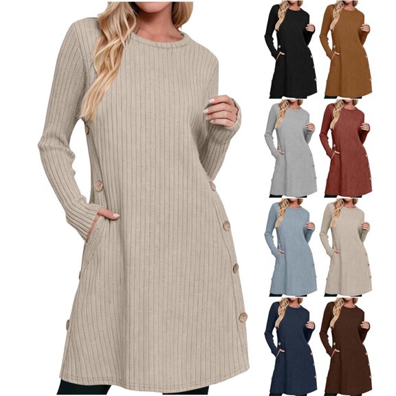 Bxsruta Womens Tunic Tops Long Sleeve Shirts Casual Loose Ribbed Knit Blouses with Pockets and Buttons
