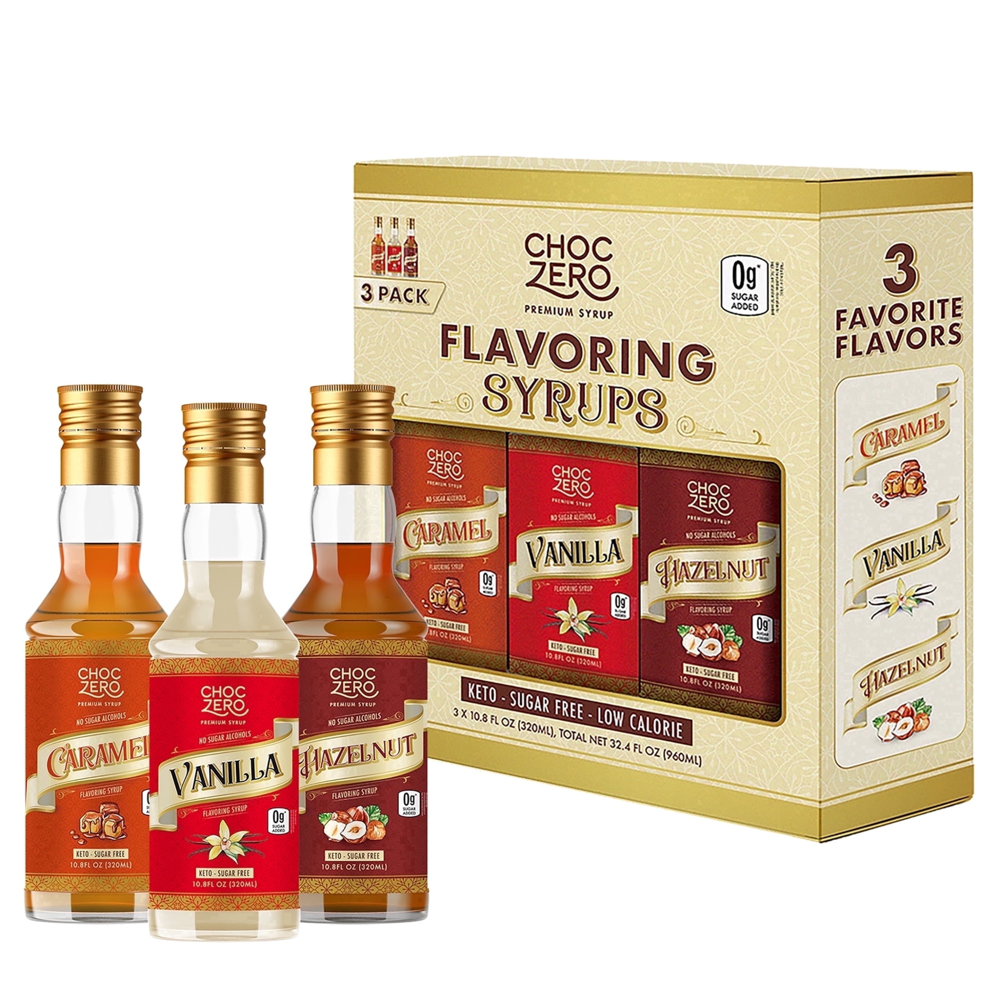 ChocZero Sugar Free Coffee Syrup Sampler, Caramel, Hazelnut & Vanilla (3 Pack), Keto Friendly, Monk Fruit Sweetened, 10.8 fl oz Bottles