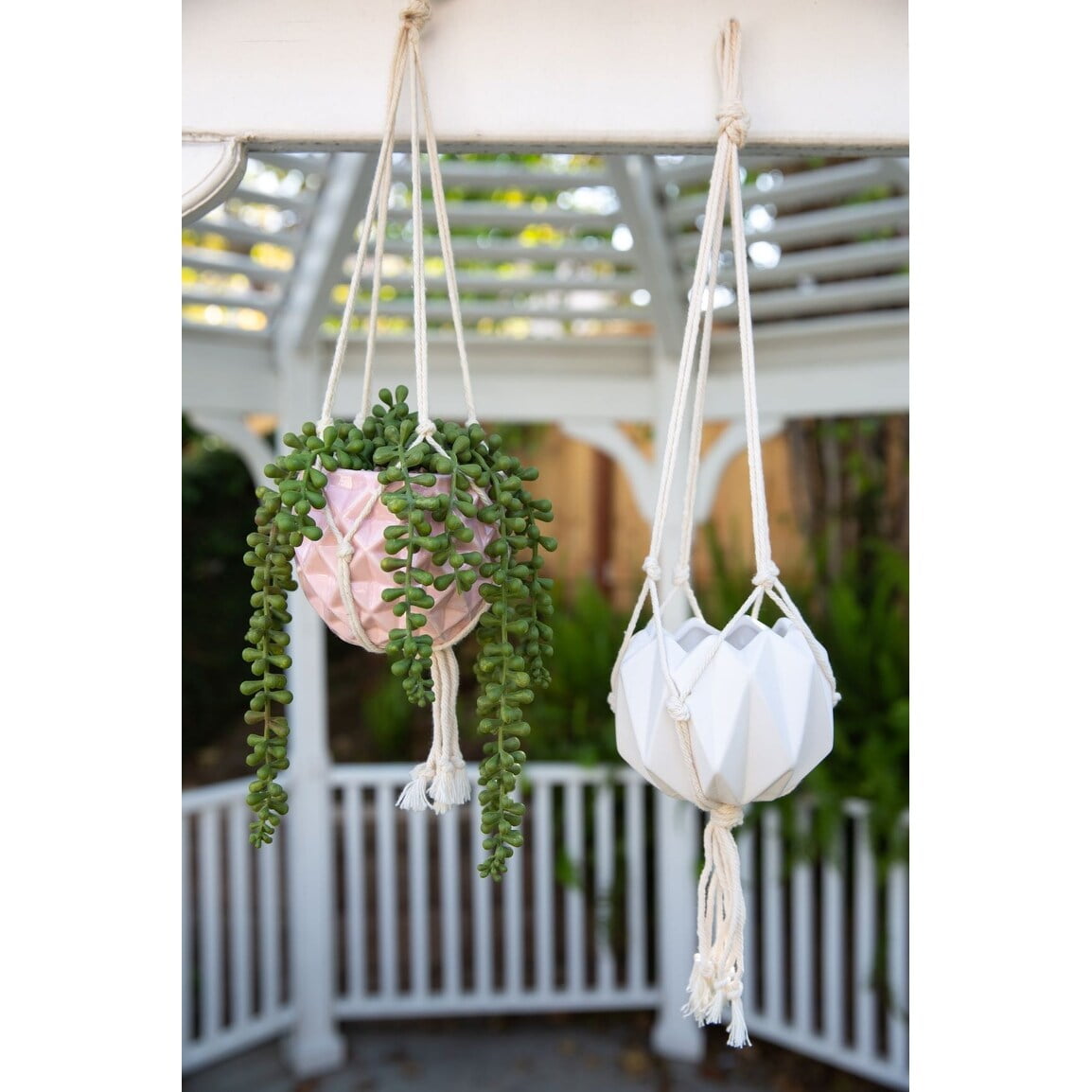 Flora Bunda  5 x 5 in. Ceramic Macrame Hanging Planter, Glass Blue
