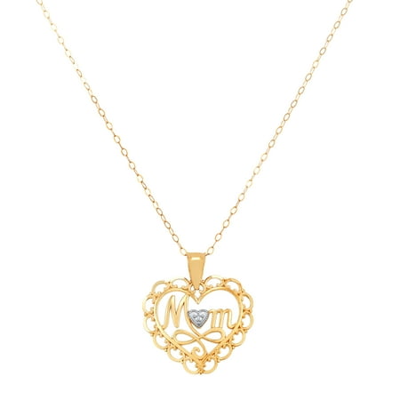 Brilliance Fine Jewelry 10K Yellow Gold Mom Heart Pendant with Rhodium Filigree Border, 18" Necklace