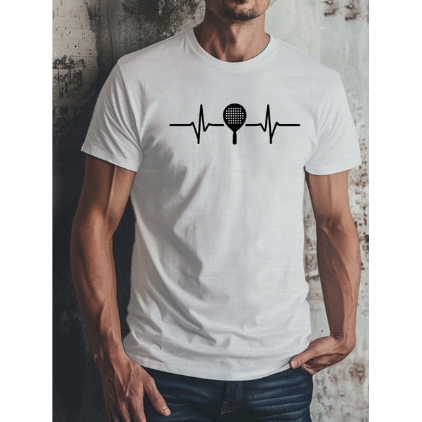 Men's Casual Short-Sleeve T-Shirt Featuring a Heartbeat Line Design with a Padel Racket, Perfect for Summer