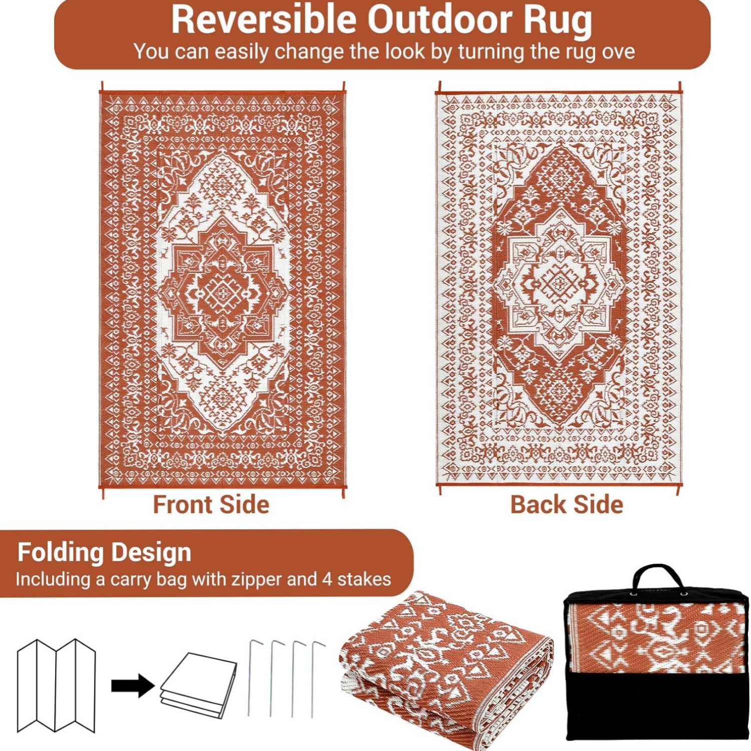 Riedhoff Outdoor Rug 10' X 8', Reversible, Foldable,  Red & White Patterned