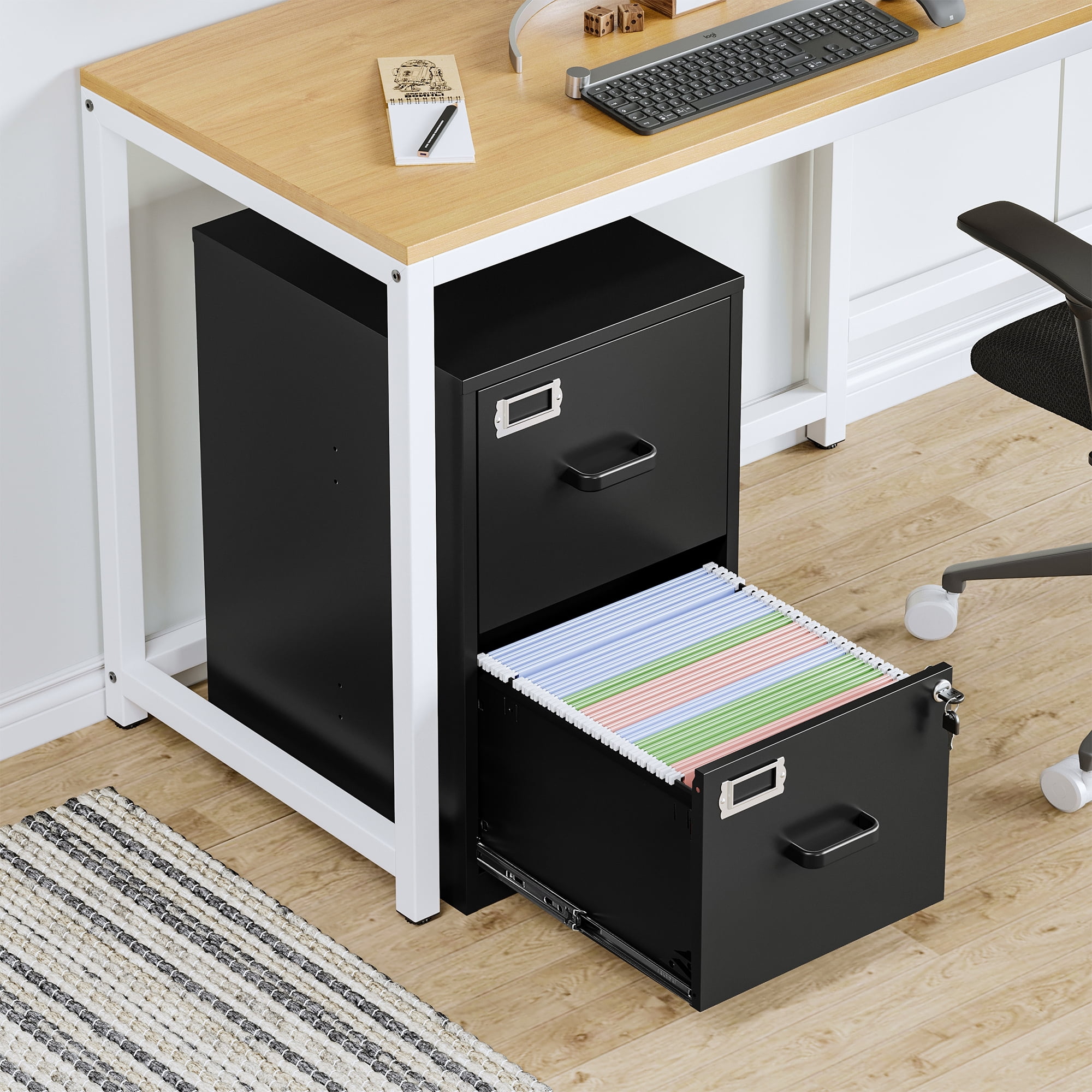 Fesbos 2 Drawer Metal File Cabinet with Lock, Steel Filing Cabinets for Home Office,Fits A4/F4/Letter, Easy Assemble (Black）