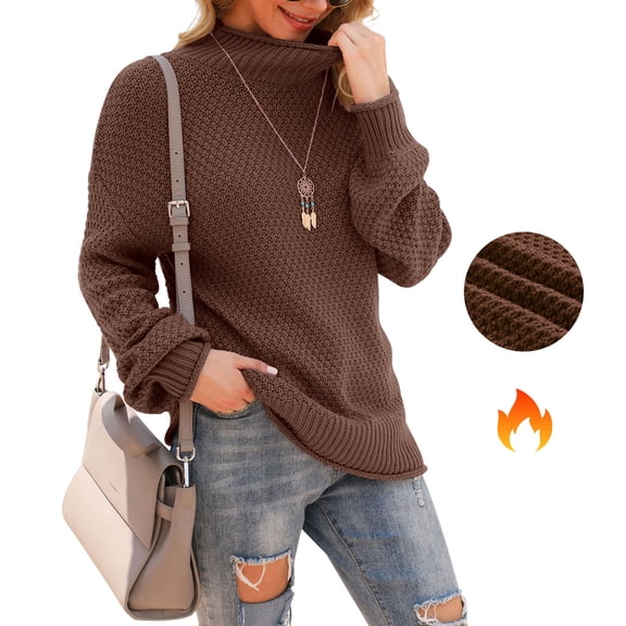 Asklazy Women's Turtleneck Oversized Sweaters Batwing Long Sleeve Pullover Loose Chunky Knit Jumper,Brown(S-2XL)