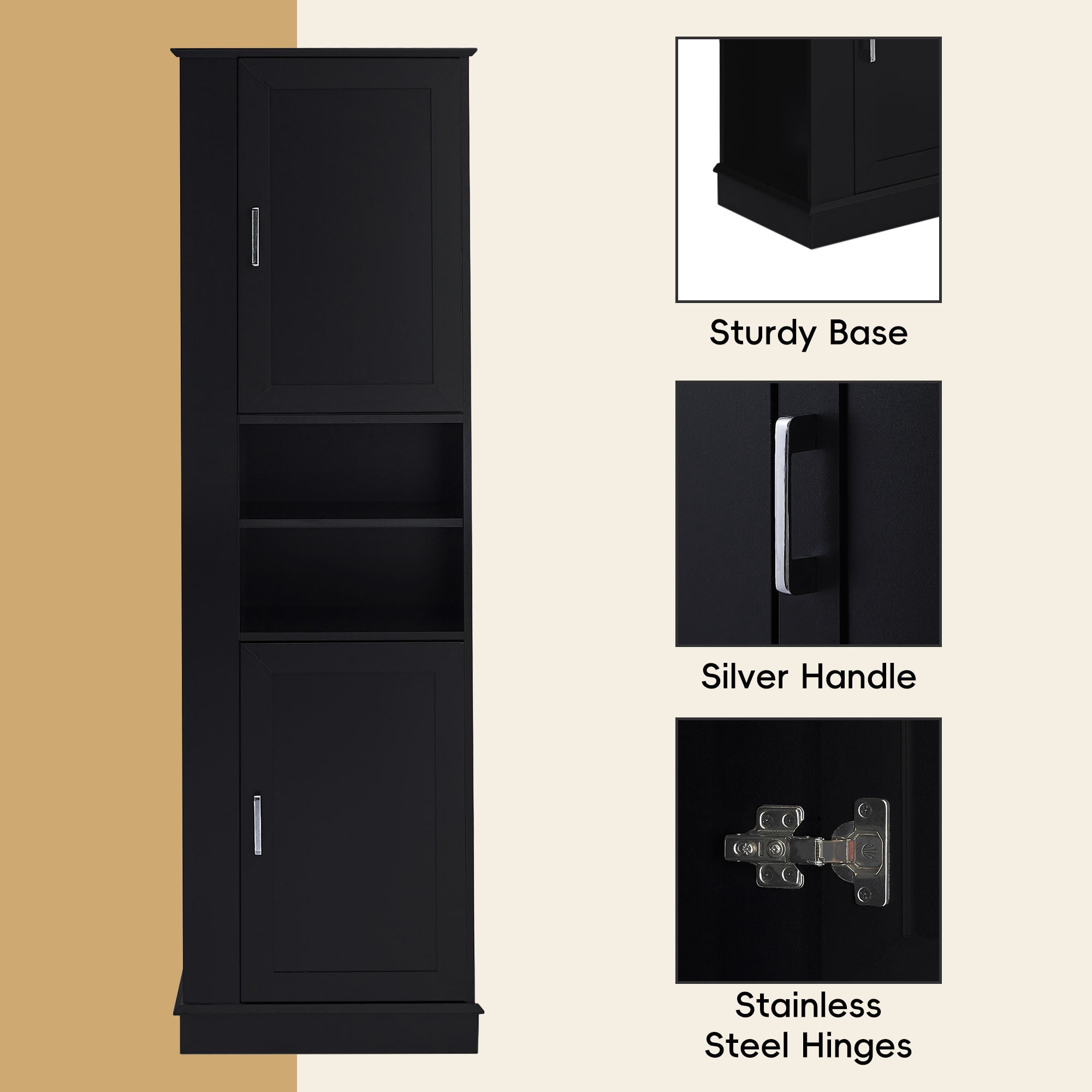 HOQBN 69"H Tall Bathroom Storage Cabinet,Freestanding Storage Cabinet with Hook & Adjustable Shelf for Bathroom, Living Room, Black