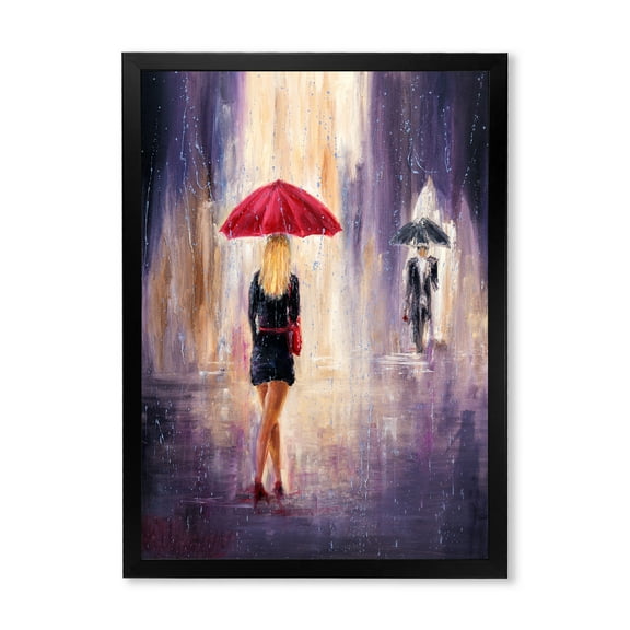 Designart 'The Girl With The Umbrella Walking In The Rain II' French Country Framed Art Print