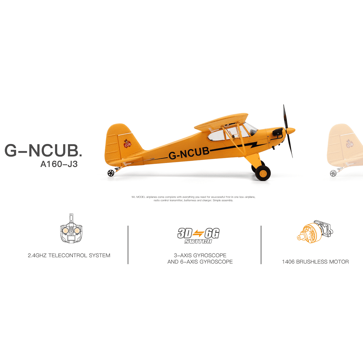 XK A160 J3 RC Airplane for Adults, 2.4G 5CH Brushless Warbird Aircraft with 3D/6G Gyro System, 350mm Wingspan Quick Release EPP Fixed Wing Aircraft for Hobbyist - RTF